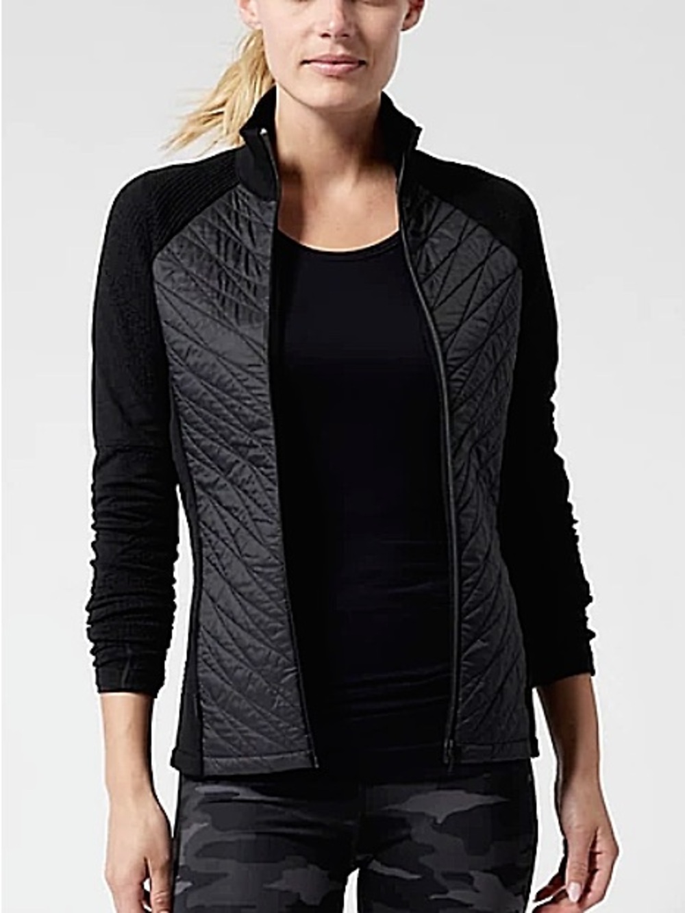 Athleta Black Quilted Hybrid Zip Jacket